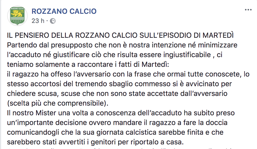 Il sindaco Agogliati interviene sugli insulti razzisti in campo