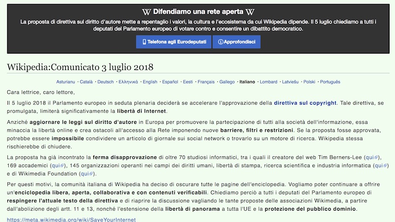 Wikipedia oscurato per protesta contro la direttiva sul copyright