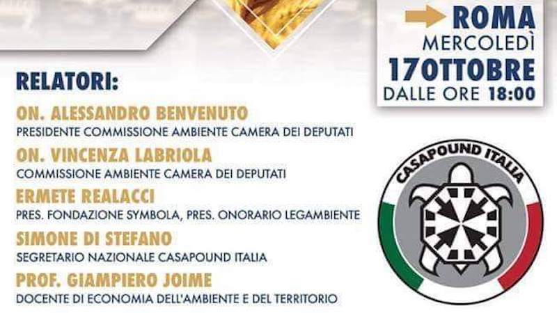 Convegno CasaPound, partecipa anche il presidente onorario di Legambiente