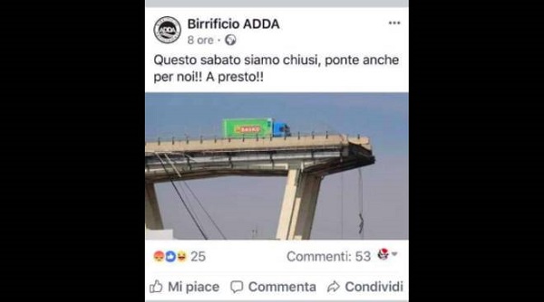 Birrificio pubblica post con il Ponte Morandi: pioggia di critiche e pagina Facebook rimossa