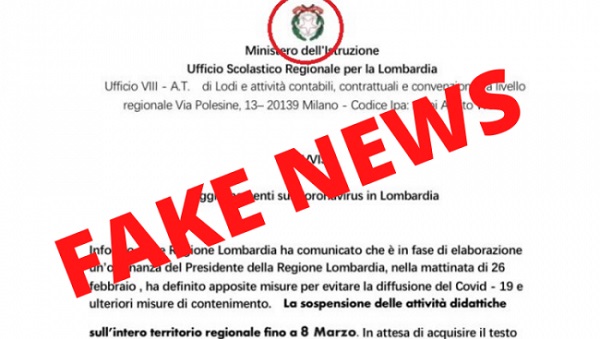 Coronavirus: l’ultima fake news riguarda la chiusura delle scuole fino all’8 marzo