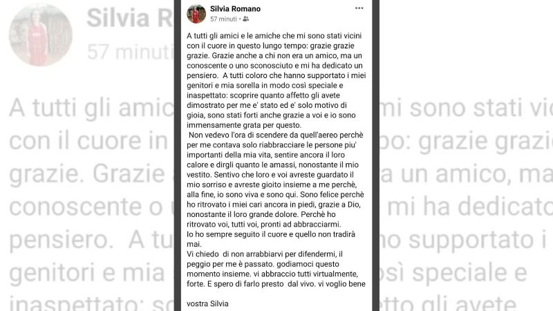 Il primo messaggio di Silvia Romano: “Il peggio è passato, sono viva e sono qui”