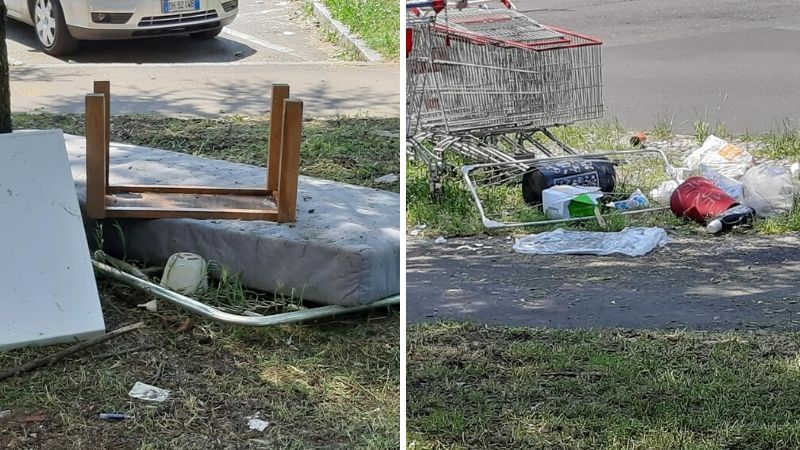 Incivili in azione: rifiuti abbandonati in mezzo ai marciapiedi