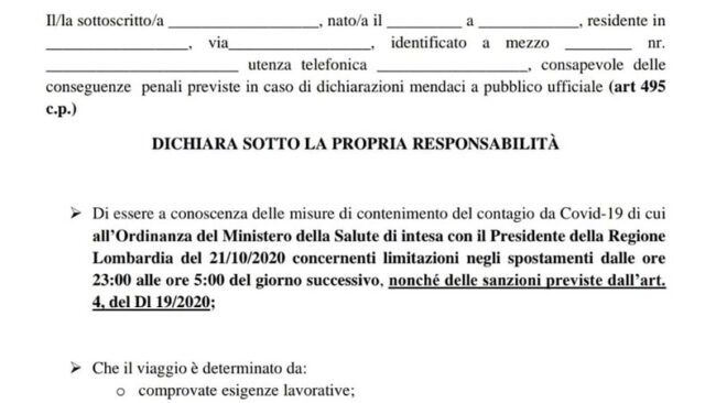 Autocertificazione Lombardia ottobre 2020: ecco il nuovo modulo da