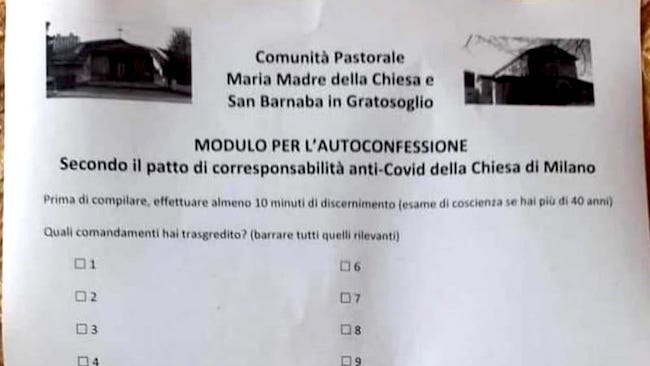 “Modulo di autoconfessione: segna i comandamenti trasgrediti”, la burla solleva le polemiche