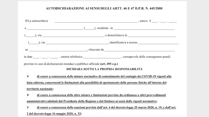 Autocertificazione novembre 2020: ecco il nuovo modulo da scaricare