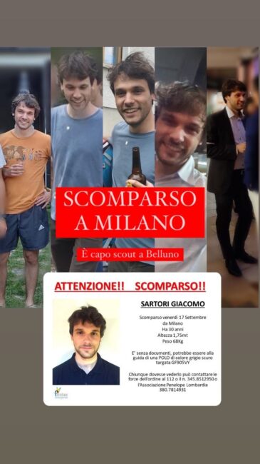 Giacomo Sartori scomparso Milano