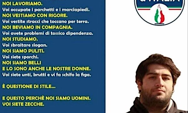 Raj Ducci prima il post shock, poi il pentimento: “Non penso ciò che ho detto”. Ma FdI lo espelle dal partito