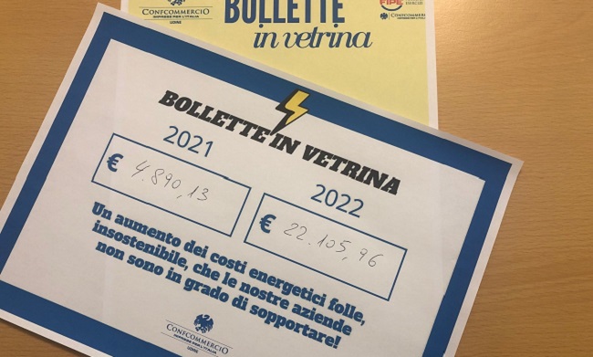 Rincari energia, l’iniziativa di Confcommercio: tutte le bollette in vetrina
