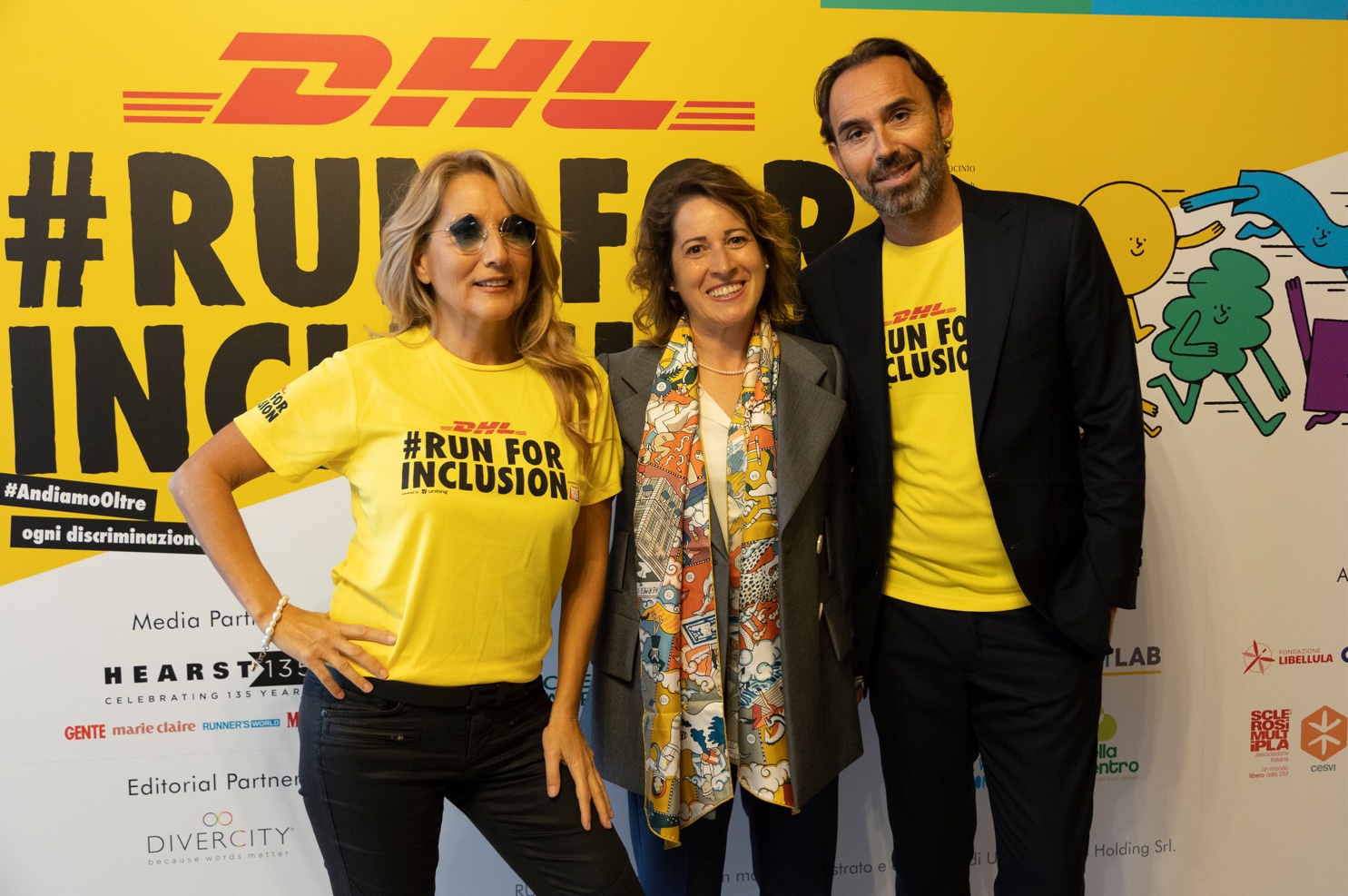 Jo Squillo, testimonial Run For Inclusion, Nazzarena Franco, CEO DHL Express Italy, Nicola Corricelli, Chief Culture&New Business Officer di Uniting Group