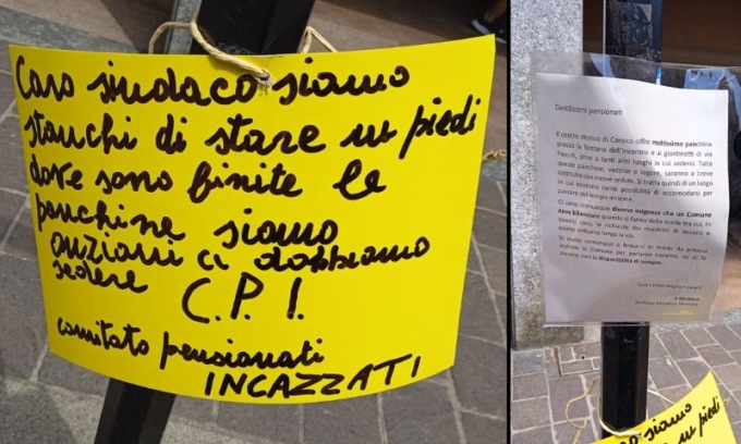 Cartello contro la rimozione delle panchine in centro: “Siamo anziani e dobbiamo sederci”, il sindaco replica