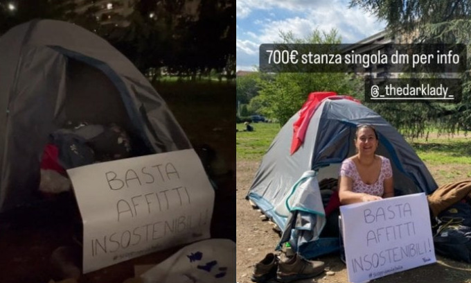 Contro il caro affitti una studentessa bergamasca dorme in tenda davanti al Politecnico