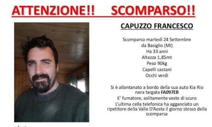 Trovato morto in Val D’Aosta Francesco Capuzzo: il giovane era scomparso a settembre da Basiglio
