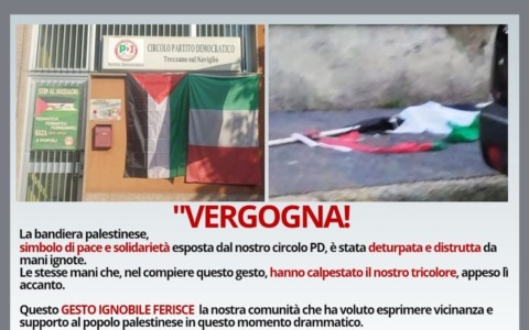 Bandiera palestinese strappata e bruciata, la denuncia del Pd Trezzano: “Gesto ignobile”