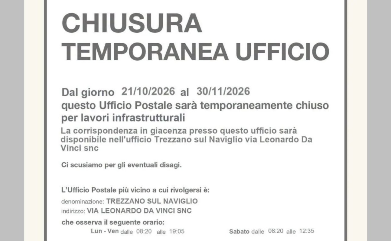 Corsico, Ufficio postale di via Visconti di Modrone chiuso fino al 30 novembre: utenti dirottati a Trezzano